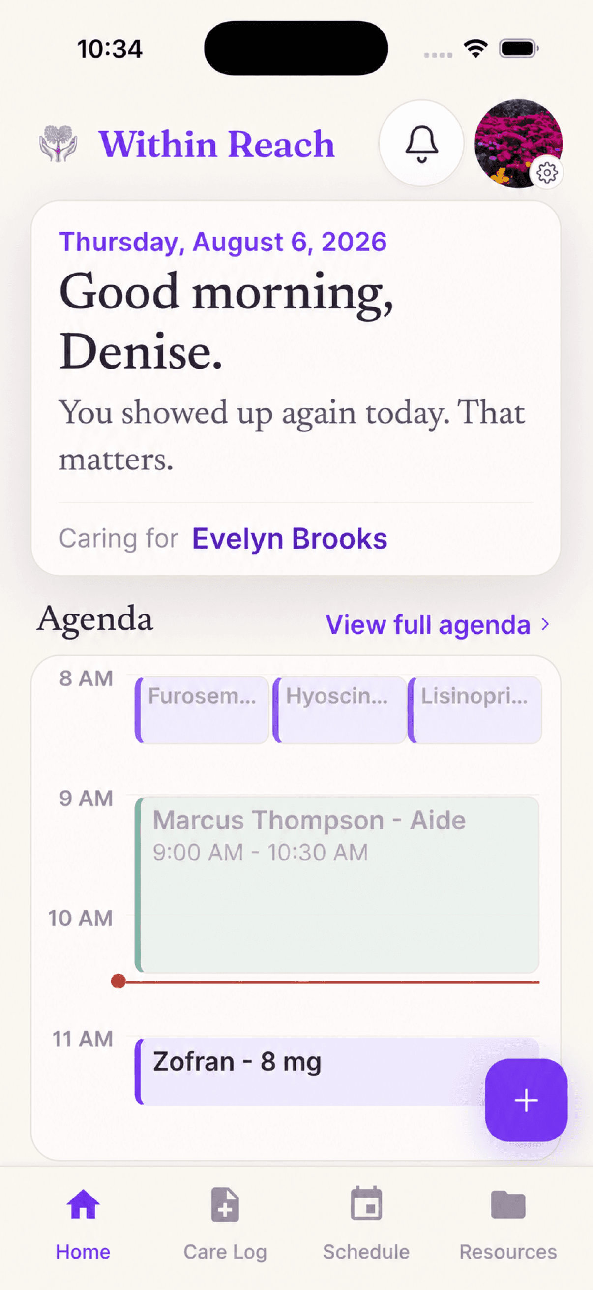Within Reach home screen showing a time-grid agenda with medications and an aide visit