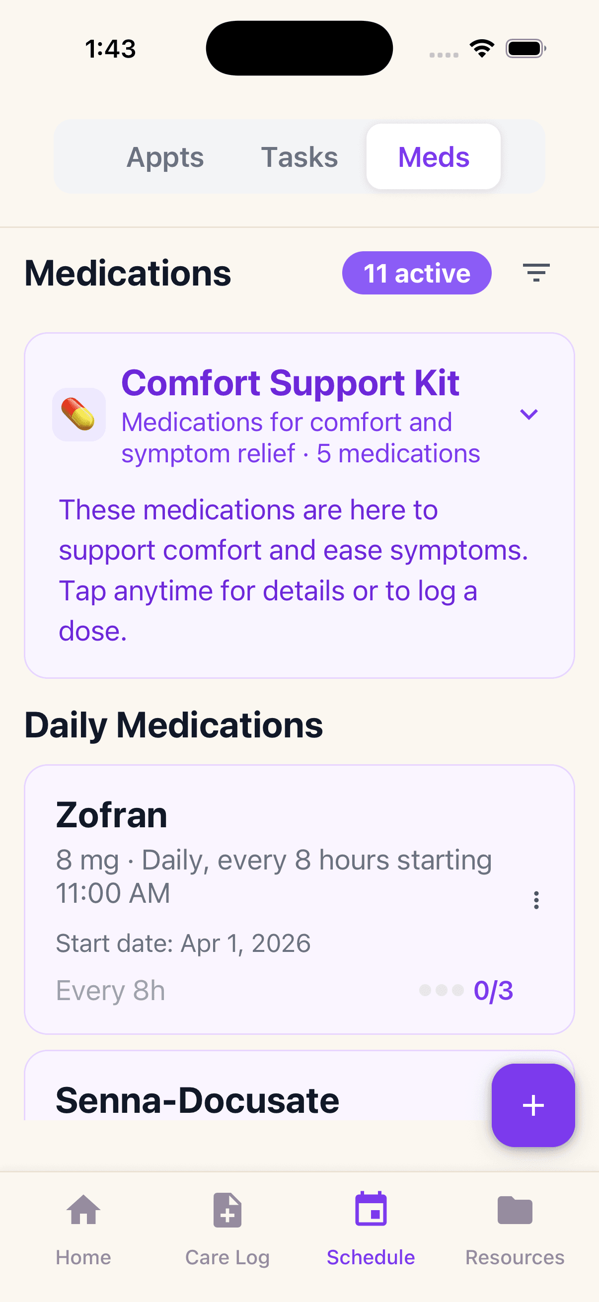 Within Reach medication screen showing comfort medications and a daily dosage schedule