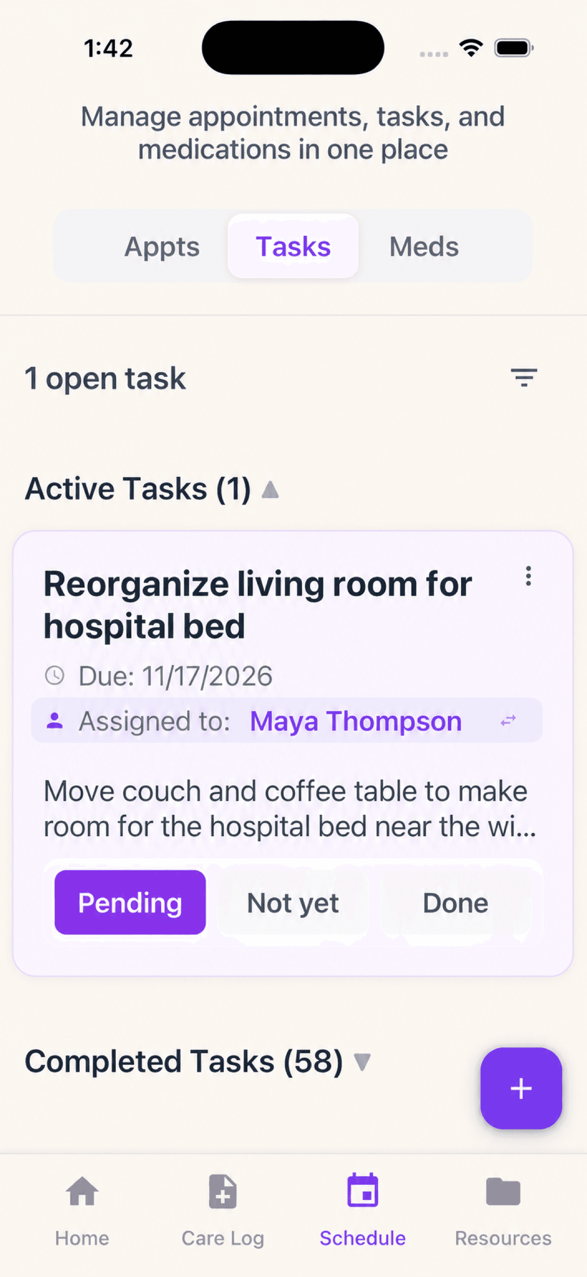 Within Reach task screen showing an assigned household care task and its status